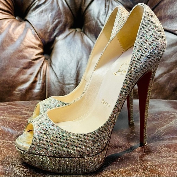 Christian Louboutin “Lady Peep” peep toe pumps 150mm glitter wrap leather EU39 - Picture 3 of 14